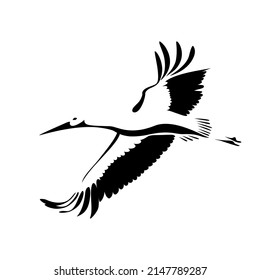 Stork in flight. Stork bird flying in the sky black silhouette isolated on white background. Vector illustration