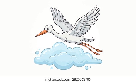 Stork flying above clouds, symbol for baby birth announcement design.