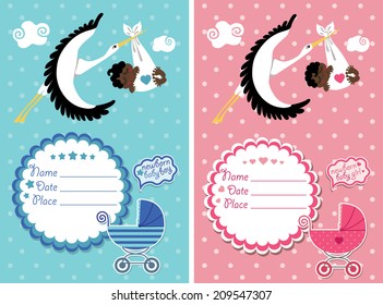 Stork  flying with African newborn baby gir and boy.Baby shower card,invitation  with label,copy space,baby carriage in polka dot background.Vector Illustration.