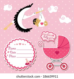 Stork  flying with Asian newborn baby girl.