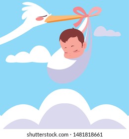 stork flying with baby bag