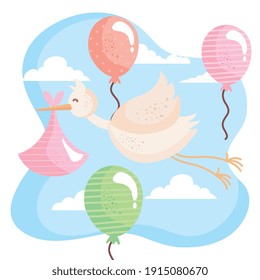 stork flying with baby bag and balloons helium vector illustration design