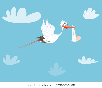 Stork flying with baby. Birthday