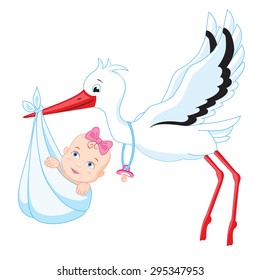 Stork flying with a baby in diapers