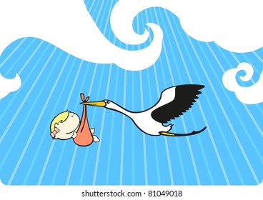 Stork flying with a baby girl