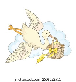 Stork flying, Is carrying a baby in a basket