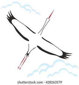 Stork flying in the clouds graphics for books and newspapers.