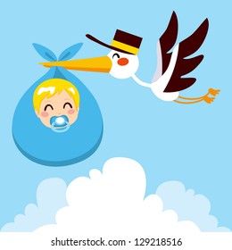 Stork flying with cute baby boy wrapped on blue blanket package for delivery