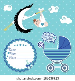 Stork  flying with European newborn baby boy.