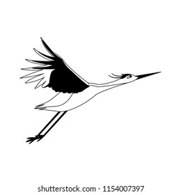 Stork flying isolated in black and white