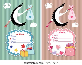 Stork  flying with newborn baby girl and boy.Baby shower card,invitation  set .Cute  label with gift boxes on strips background.Vector Illustration.