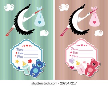 Stork  flying with newborn baby girl and boy.Baby shower card,invitation  set .Cute  label with  bottle ,Teddy bear on strips background.Vector Illustration.