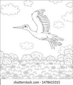 Stork flying over a meadow with wild flowers on a sunny summer day, black and white vector illustration in a cartoon style for a coloring book