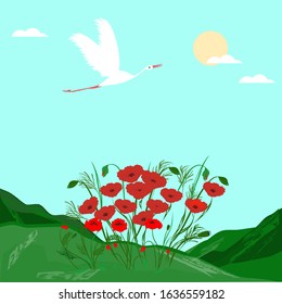 Stork flying. Poppies are red. Mountains, sun, grass - vector. Enviroment protection.