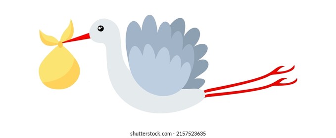 Stork flying with a sack with a baby. Vector illustration