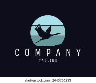 stork flying silhouette. vintage vector design. isolated on a black background appears a crane flying high. best for logo, badge, emblem, icon, sticker design. available in eps 10