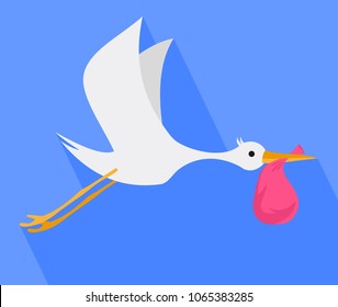 Stork. Stork flying in the sky in the beak of the bag. Vector illustration.
