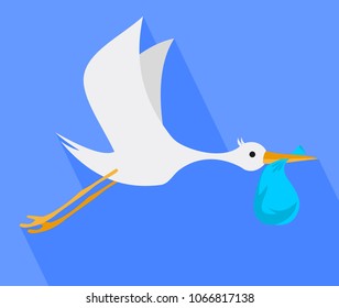 Stork. Stork flying in the sky in the beak of the bag. Vector illustration.