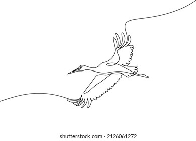 Stork flying in the sky in continuous line art drawing. Stork bird in flight black linear sketch isolated on white background. Vector illustration