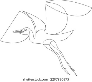 Stork flying in the sky continuous line drawing. Heron bird in flight one line art. Minimalist black linear sketch isolated on white background. Vector illustration.