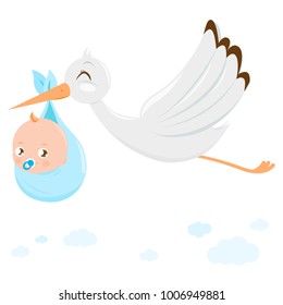 Stork flying in the sky and delivering a cute newborn baby boy. Vector illustration