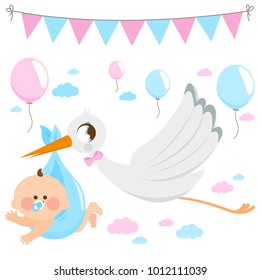 A stork flying in the sky delivering a cute newborn baby. Vector illustration.