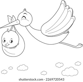 Una cigüeña que vuela en el cielo y da a luz a un lindo recién nacido. Página de coloreado vectorial en blanco y negro.