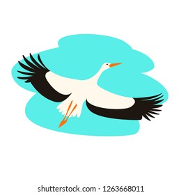 stork flying, vector illustration , flat style , profile view