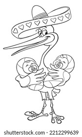 Stork in the form of a Mexican in a hat. Stork with twins. Vector image of a Mexican stork with twins, isolated on white. Twins boy and girl.
