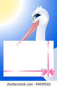 Stork and framework / The smiling stork holds in a beak a sheet of paper for your text or for your photo.