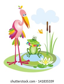 Stork and frog. Vector illustration.