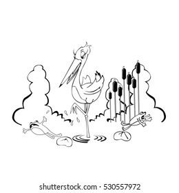 stork with frogs cartoon