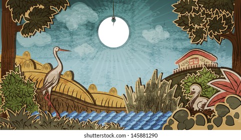 Stork in front of countryside and duck sitting on eggs. Illustration to fairy tale Ugly Duckling (Hans Christian Andersen).