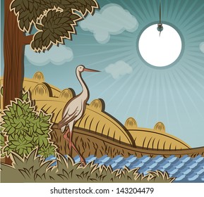 Stork in front of countryside. Illustration to fairy tale Ugly Duckling (Hans Christian Andersen).