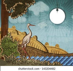 Stork in front of countryside. Illustration to fairy tale Ugly Duckling (Hans Christian Andersen).