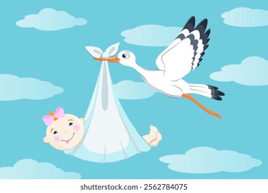 Stork with a girl, ittle girl, stork with a baby, sky with clouds, baby with a stork, red-haired baby, cute baby