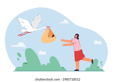 Stork giving newborn baby to mother. Woman happy to be mother flat vector illustration. Sky in background. Birth, maternity concept for banner, website design or landing web page.