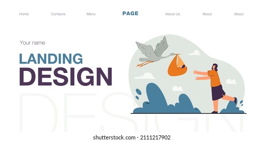 Stork giving newborn baby to mother. Woman happy to be mother flat vector illustration. Sky in background. Birth, maternity concept for banner, website design or landing web page.