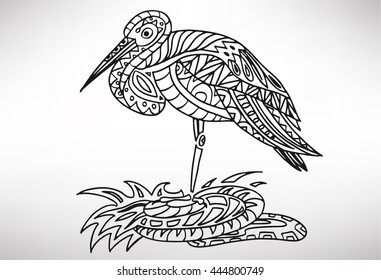 stork. Hand-drawn with ethnic pattern. Coloring page - isolated on a white background. Zendoodle patterns. Vector illustration.