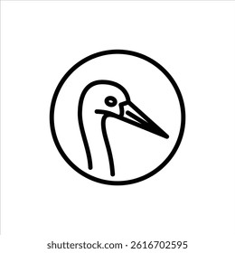 stork head on round shape outline icon. stork side view black line illustration.