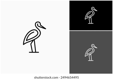 Stork Heron Crane Egret Flamingo Standing Line Art Linear Outline Vector Logo Design Illustration