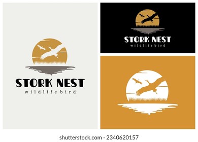 Stork Heron Flying At Sunset over the River Creek lake grass silhouette nature wildlife logo design