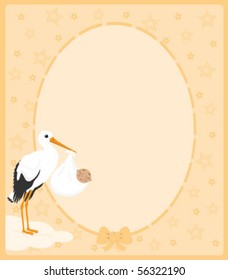 Stork holding a baby of african descent sign/frame with copy space, in neutral colors for baby boys or girls.