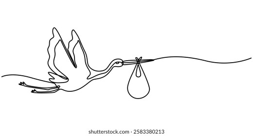 stork holding a baby basket icon continuous one line drawing, outline Delivering Baby, Stork Brings Cute Newborn Baby Girl or boy, Stork with baby, Carrying a Bundle, Infant delivery, pro vector.