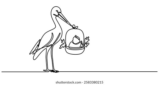 stork holding a baby basket icon continuous one line drawing, outline Delivering Baby, Stork Brings Cute Newborn Baby Girl or boy, Stork with baby, Carrying a Bundle, Infant delivery, pro vector.