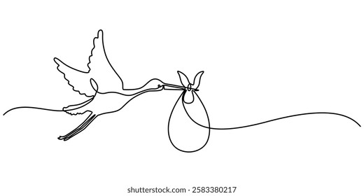 stork holding a baby basket icon continuous one line drawing, outline Delivering Baby, Stork Brings Cute Newborn Baby Girl or boy, Stork with baby, Carrying a Bundle, Infant delivery, pro vector.