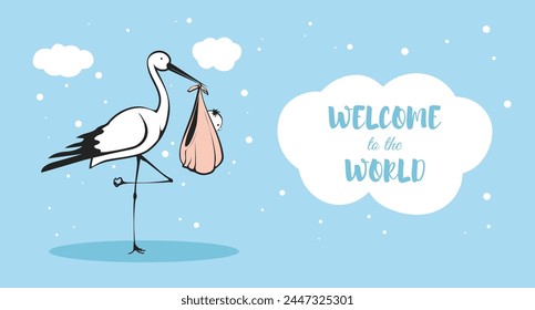 A stork is holding a baby bird in its beak. Postcard with blue background. Welcome to the world.