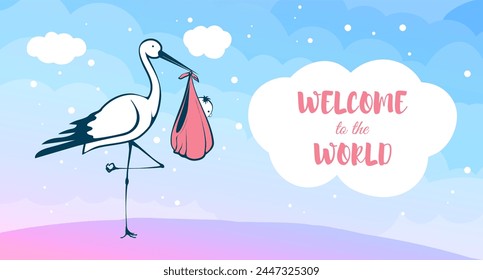 A stork is holding a baby bird in its beak. Postcard with pink and blue background