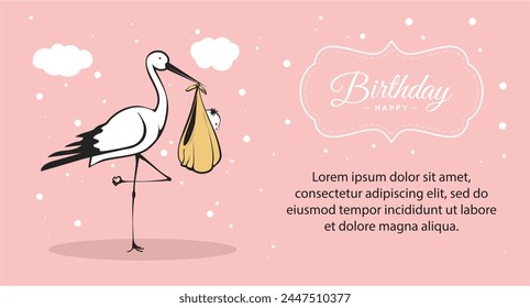A stork is holding a baby bird in its beak. Postcard with pink background. Place for text