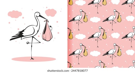 A stork is holding a baby bird in its beak. Seamless pattern for gift paper, fabric, print 03